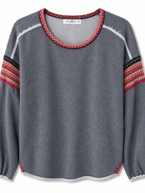 NATURAL LIFE oversized Charcoal Gray Crewneck Sweater with Red Trim